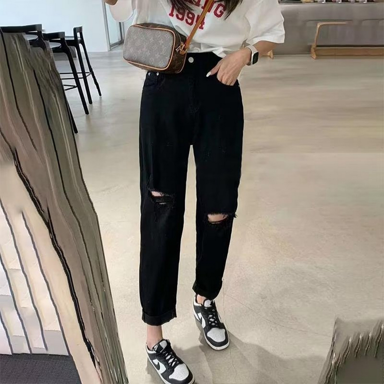 （总）洛兰沙家居馆【只代发】【只代发】 2025新款破洞牛仔裤女夏薄款大码梨型身材宽松显瘦弹力高腰直筒九分哈伦裤牛仔裤8