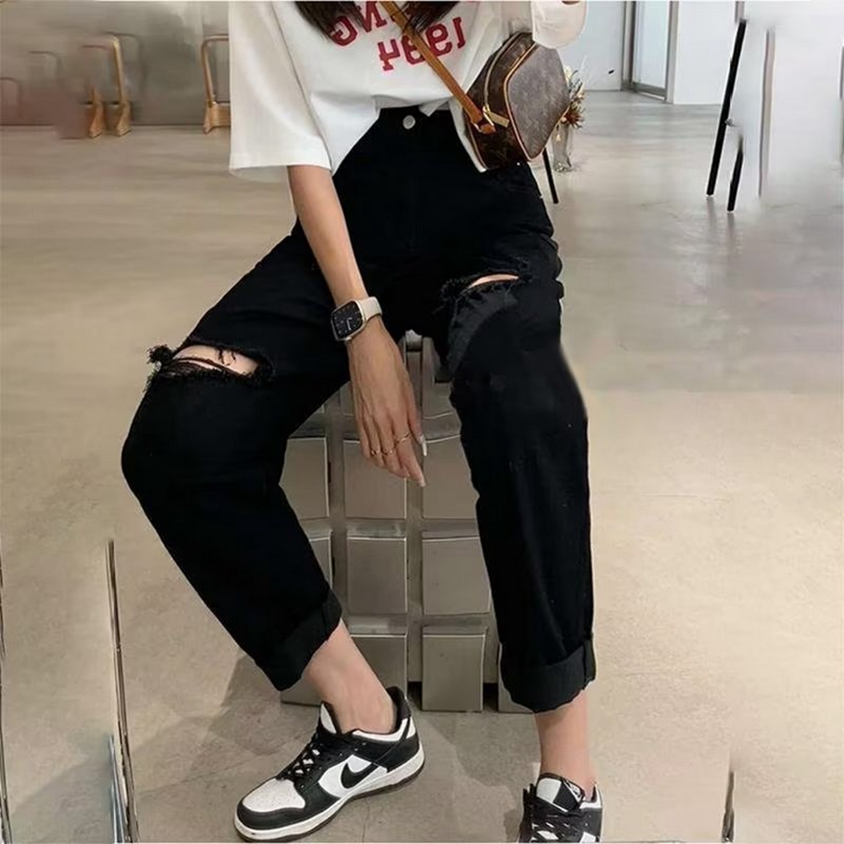 91家纺网 家纺一手货源 找家纺 （总）洛兰沙家居馆【只代发】【只代发】 2025新款破洞牛仔裤女夏薄款大码梨型身材宽松显瘦弹力高腰直筒九分哈伦裤牛仔裤8