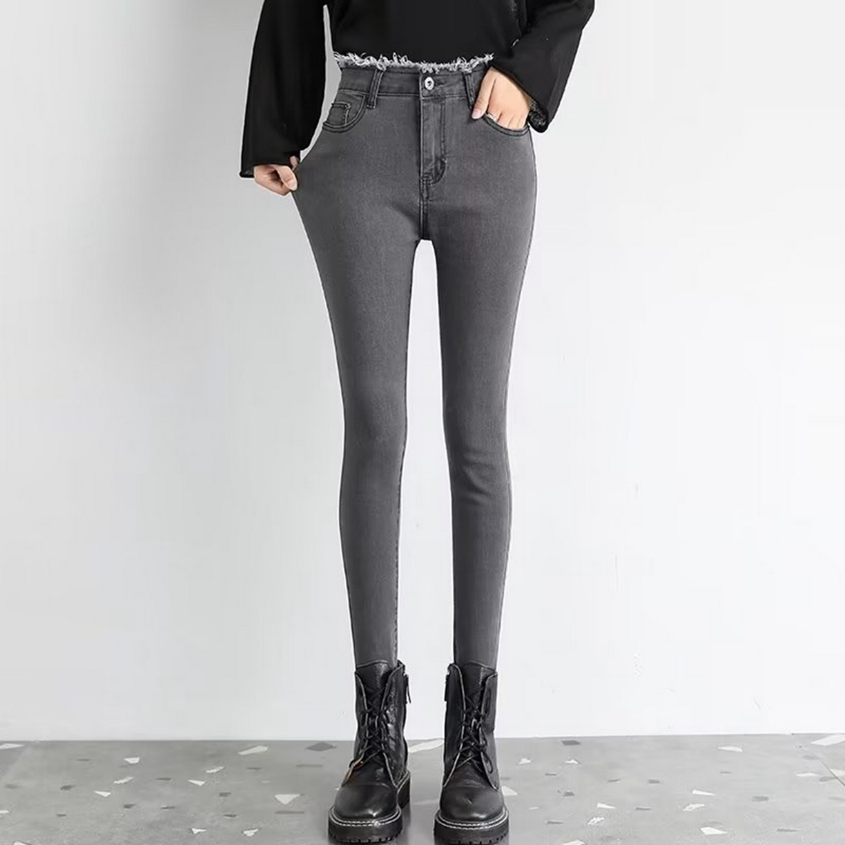 91家纺网 家纺一手货源 找家纺 洛兰沙家居馆【只代发】【只代发】 2025新款牛仔裤女弹力新款春秋高腰显瘦显高紧身小脚铅笔修身款卡码拍大牛仔裤9 灰色