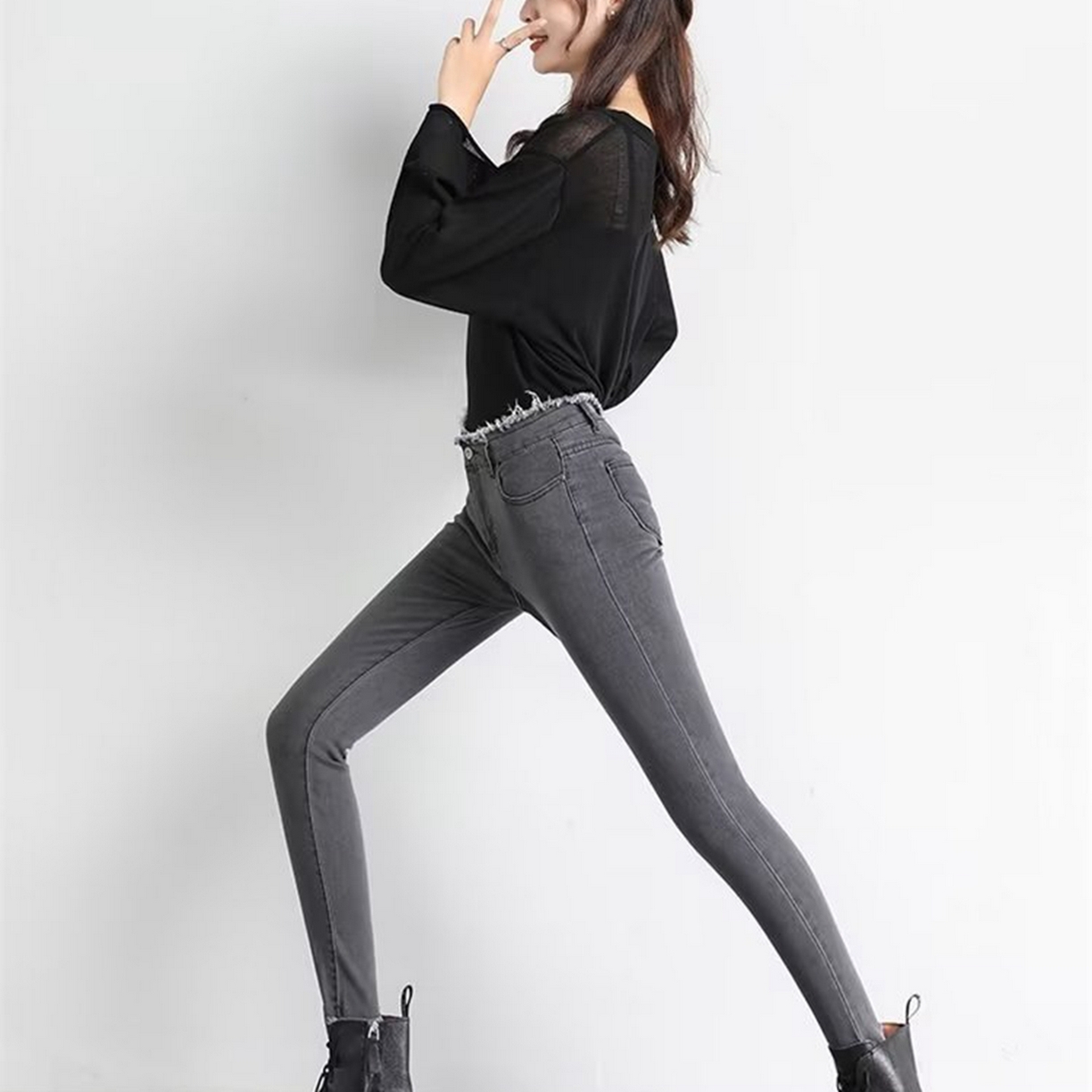 91家纺网 家纺一手货源 找家纺 洛兰沙家居馆【只代发】【只代发】 2025新款牛仔裤女弹力新款春秋高腰显瘦显高紧身小脚铅笔修身款卡码拍大牛仔裤9 灰色