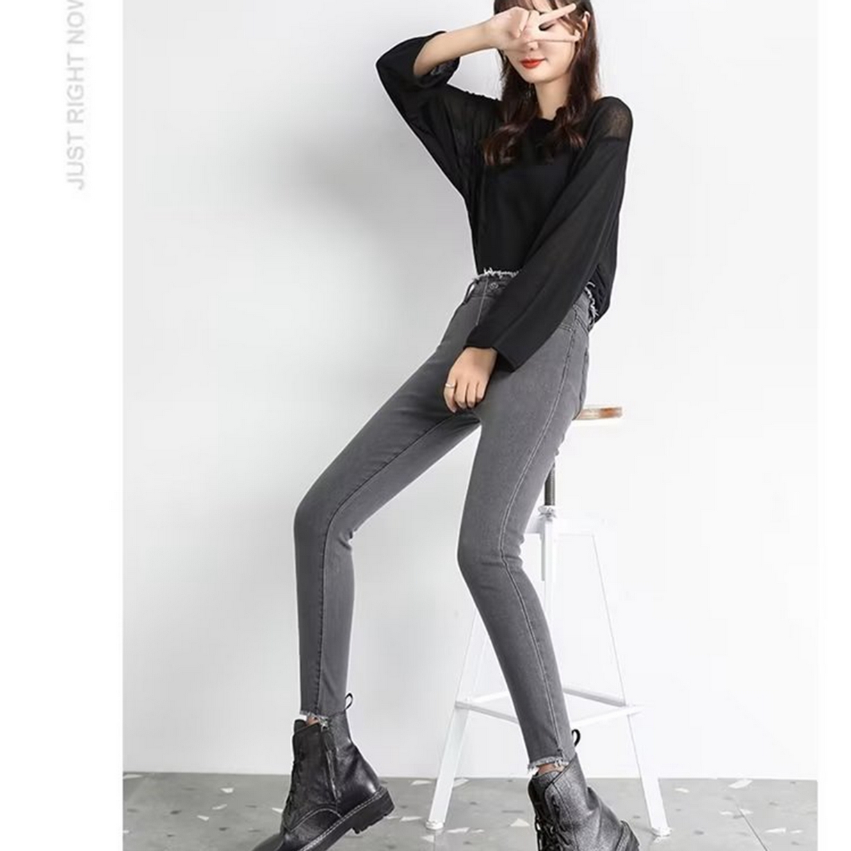 91家纺网 家纺一手货源 找家纺 洛兰沙家居馆【只代发】【只代发】 2025新款牛仔裤女弹力新款春秋高腰显瘦显高紧身小脚铅笔修身款卡码拍大牛仔裤9 灰色