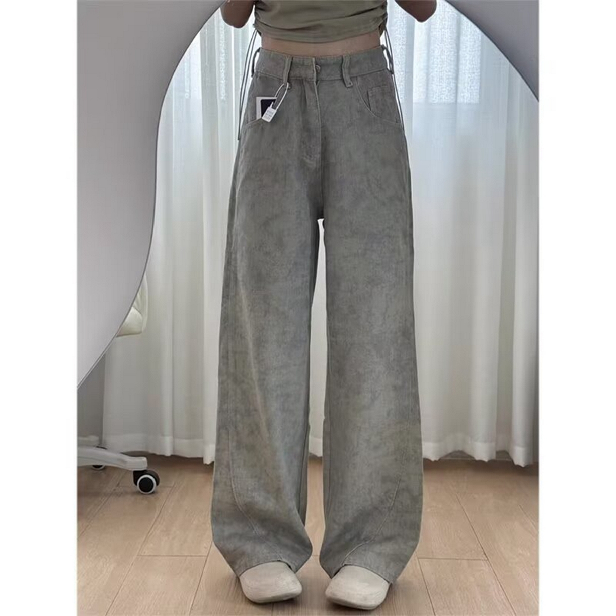 （总）洛兰沙家居馆【只代发】【只代发】 2025新款大码美式高腰弯刀裤阔腿牛仔裤女薄款扎染印花直筒裤胖mm牛仔裤10