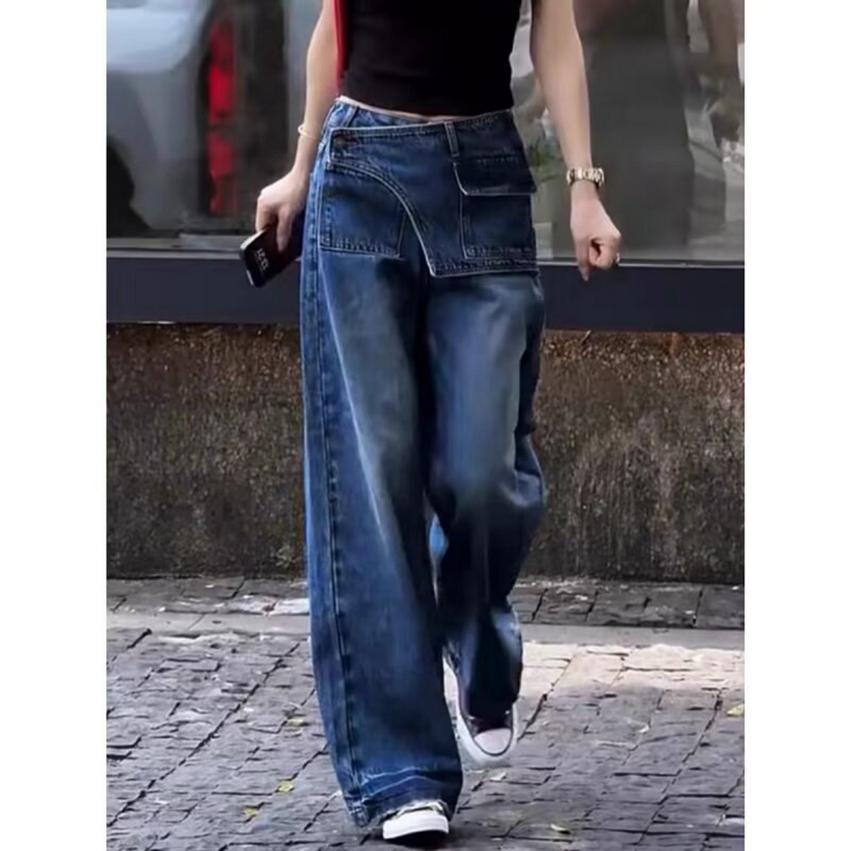 91家纺网 家纺一手货源 找家纺 （总）洛兰沙家居馆【只代发】【只代发】 2025只代发复古高腰假两件牛仔裤秋季新款韩版设计感小个子直筒阔腿长裤批发33