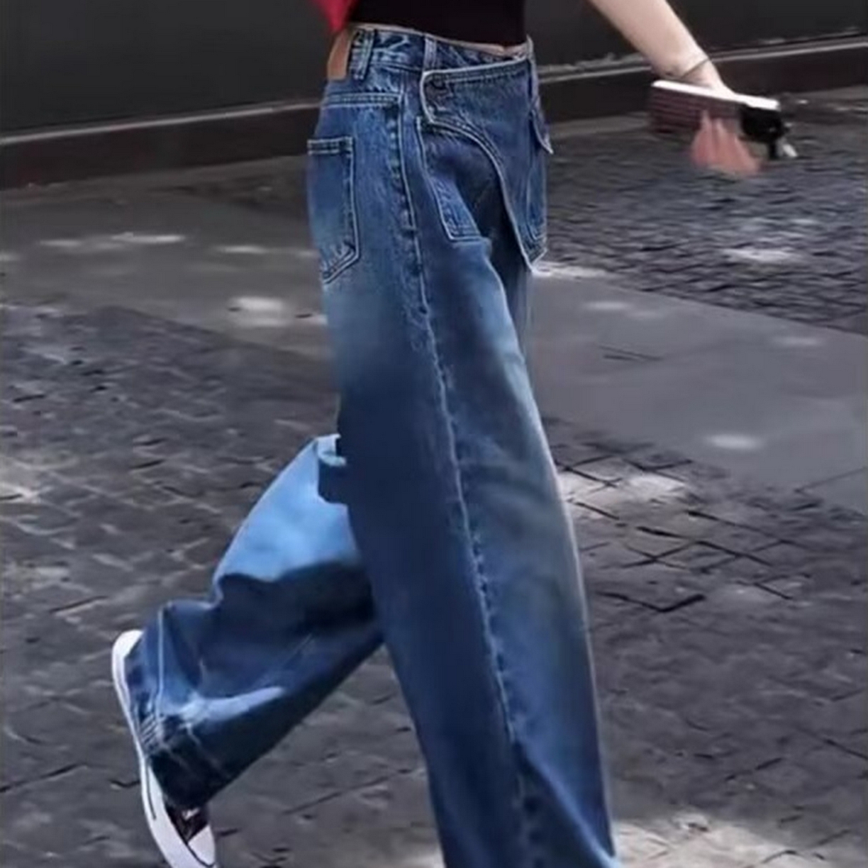 91家纺网 家纺一手货源 找家纺 （总）洛兰沙家居馆【只代发】【只代发】 2025只代发复古高腰假两件牛仔裤秋季新款韩版设计感小个子直筒阔腿长裤批发33