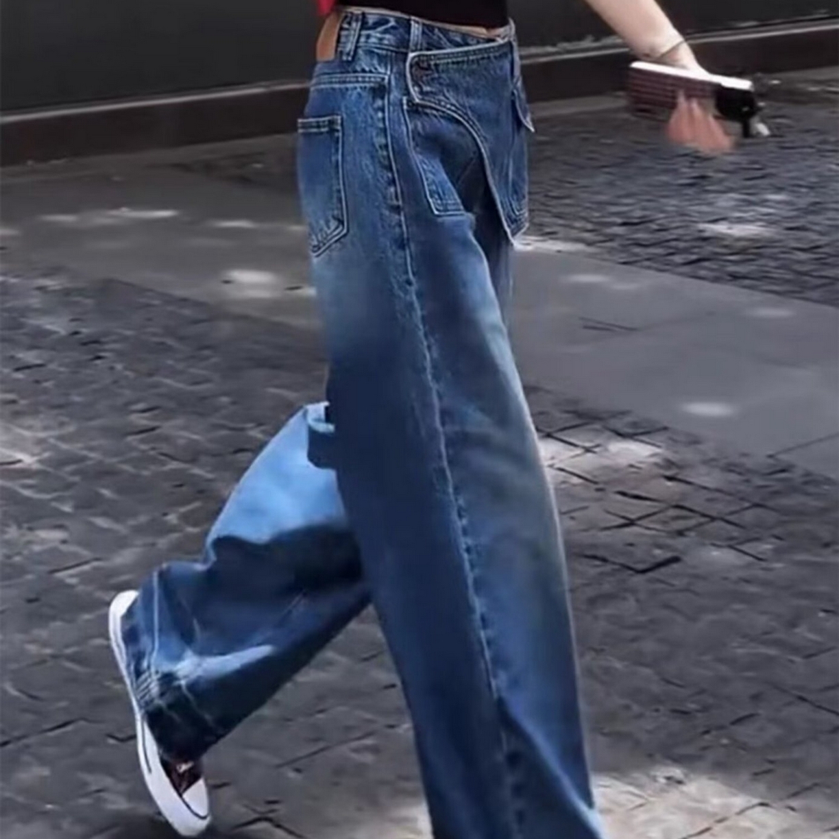 91家纺网 家纺一手货源 找家纺 （总）洛兰沙家居馆【只代发】【只代发】 2025只代发复古高腰假两件牛仔裤秋季新款韩版设计感小个子直筒阔腿长裤批发33