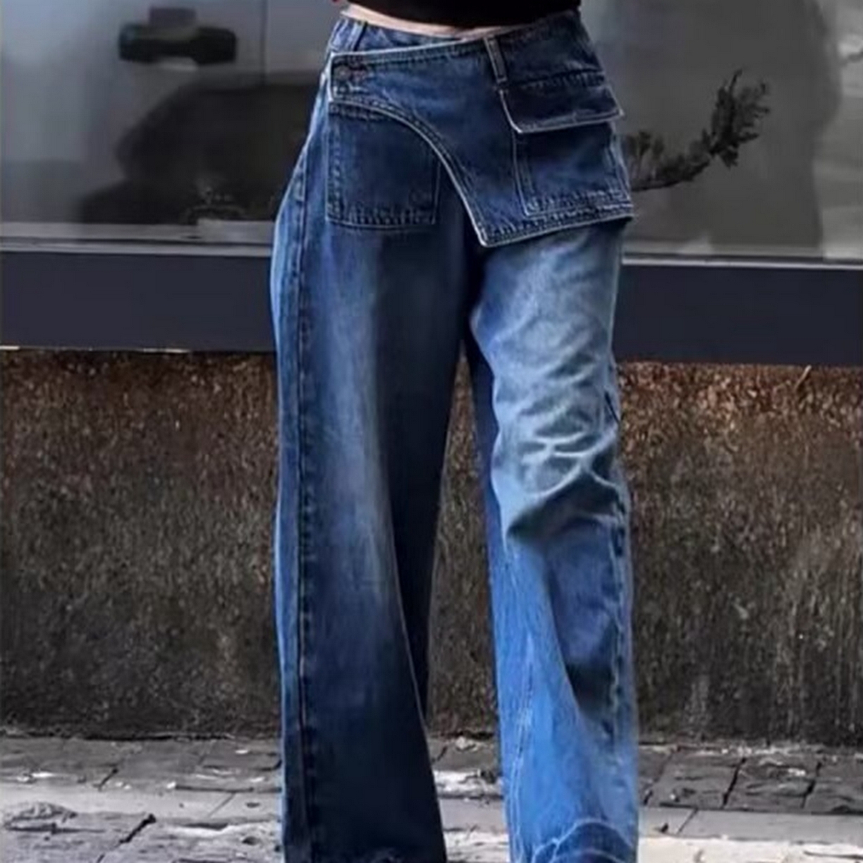 91家纺网 家纺一手货源 找家纺 （总）洛兰沙家居馆【只代发】【只代发】 2025只代发复古高腰假两件牛仔裤秋季新款韩版设计感小个子直筒阔腿长裤批发33