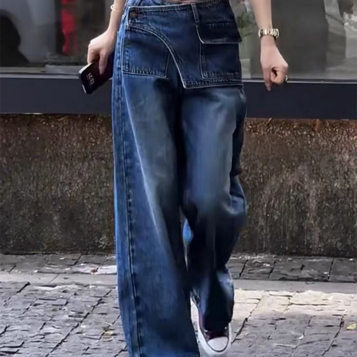 91家纺网 家纺一手货源 找家纺 （总）洛兰沙家居馆【只代发】【只代发】 2025只代发复古高腰假两件牛仔裤秋季新款韩版设计感小个子直筒阔腿长裤批发33