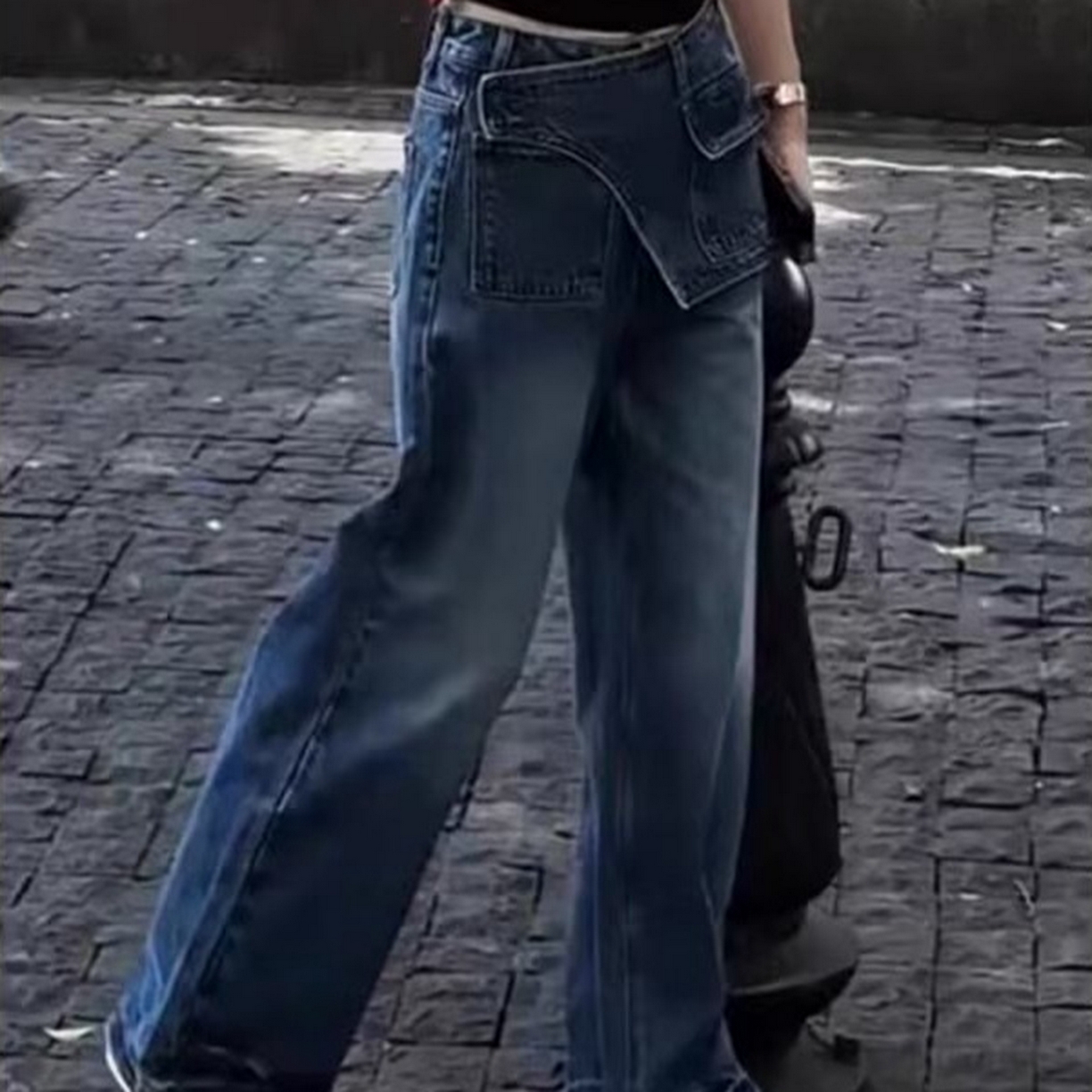 91家纺网 家纺一手货源 找家纺 （总）洛兰沙家居馆【只代发】【只代发】 2025只代发复古高腰假两件牛仔裤秋季新款韩版设计感小个子直筒阔腿长裤批发33