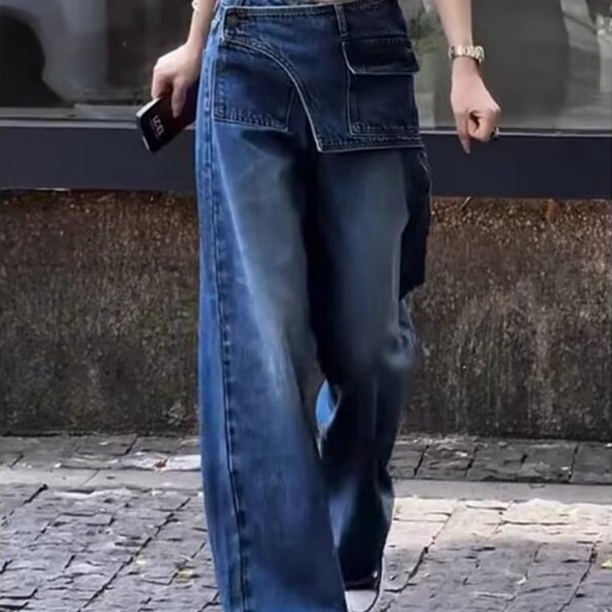 91家纺网 家纺一手货源 找家纺 （总）洛兰沙家居馆【只代发】【只代发】 2025只代发复古高腰假两件牛仔裤秋季新款韩版设计感小个子直筒阔腿长裤批发33