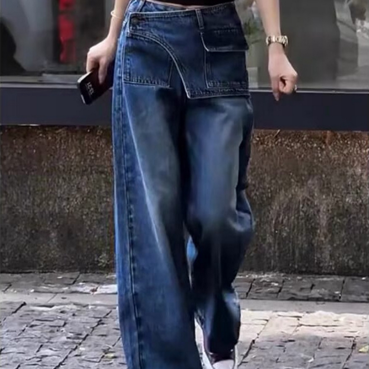 91家纺网 家纺一手货源 找家纺 （总）洛兰沙家居馆【只代发】【只代发】 2025只代发复古高腰假两件牛仔裤秋季新款韩版设计感小个子直筒阔腿长裤批发33