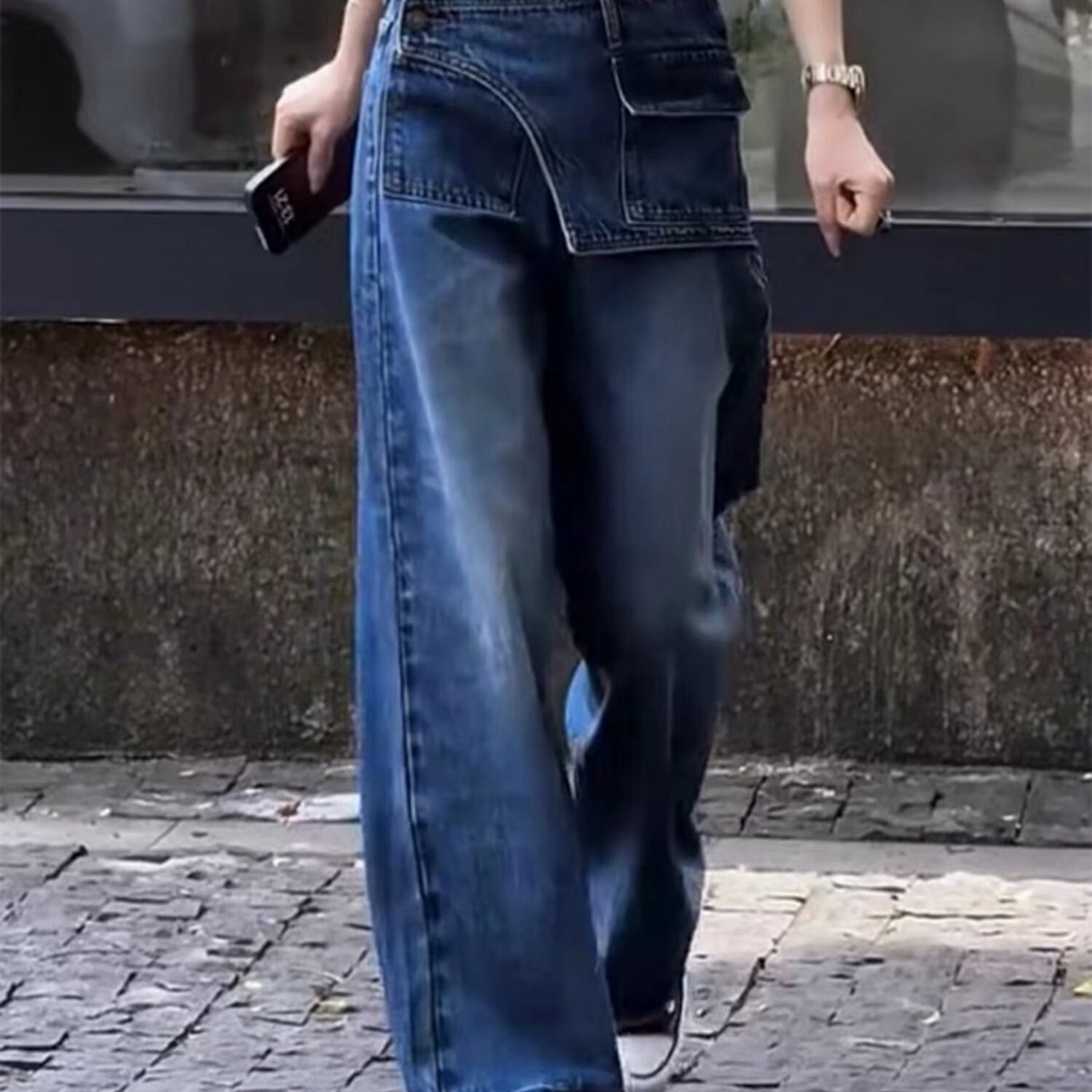 91家纺网 家纺一手货源 找家纺 （总）洛兰沙家居馆【只代发】【只代发】 2025只代发复古高腰假两件牛仔裤秋季新款韩版设计感小个子直筒阔腿长裤批发33