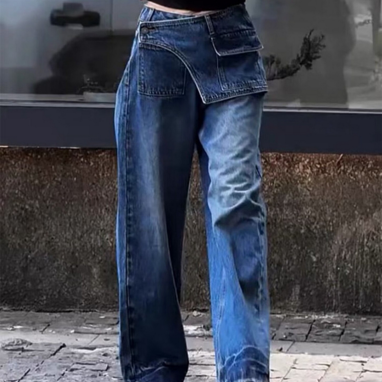 91家纺网 家纺一手货源 找家纺 （总）洛兰沙家居馆【只代发】【只代发】 2025只代发复古高腰假两件牛仔裤秋季新款韩版设计感小个子直筒阔腿长裤批发33