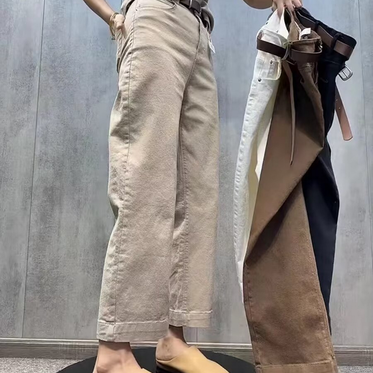 91家纺网 家纺一手货源 找家纺 洛兰沙家居馆【只代发】【只代发】 2025只代发欧货弹力牛仔裤女秋季2025新款高腰直筒宽松显瘦阔腿裤九分裤子32 奶咖色