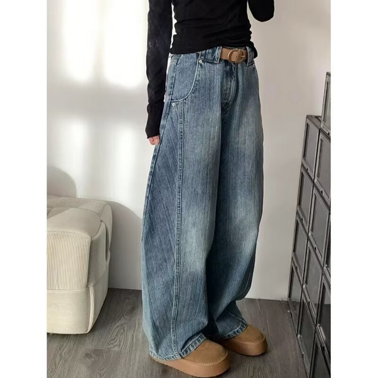 91家纺网 家纺一手货源 找家纺 （总）洛兰沙家居馆【只代发】【只代发】 2025只代发大码胖mm高腰宽松弯刀牛仔裤女春夏新款美式蓝色阔腿镰刀裤子批发31