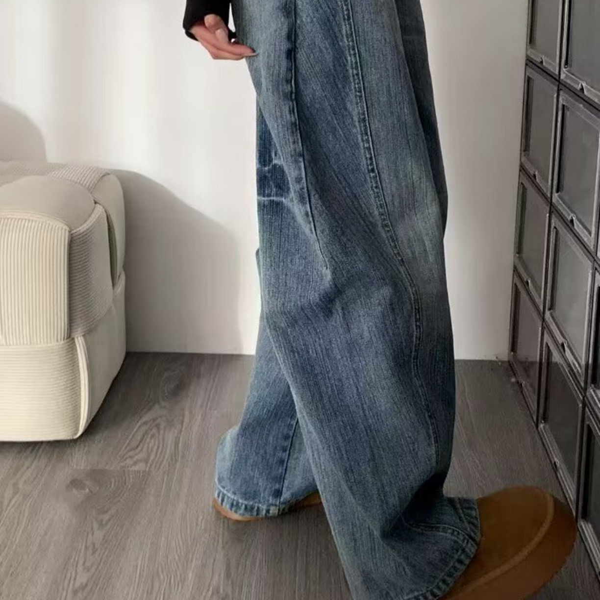 91家纺网 家纺一手货源 找家纺 （总）洛兰沙家居馆【只代发】【只代发】 2025只代发大码胖mm高腰宽松弯刀牛仔裤女春夏新款美式蓝色阔腿镰刀裤子批发31