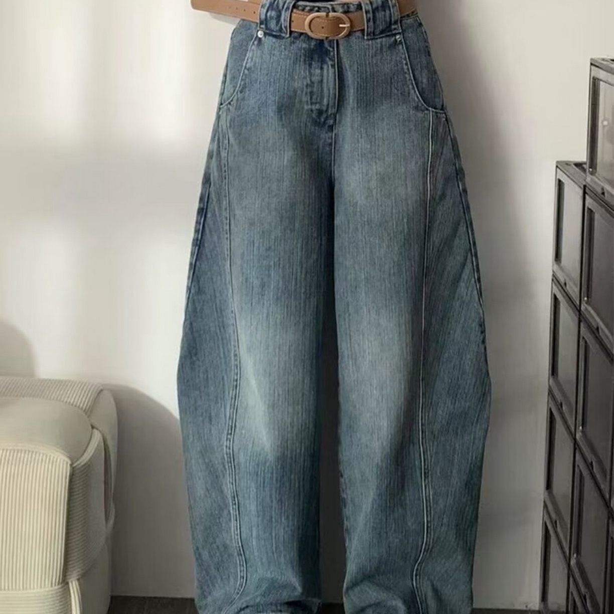 91家纺网 家纺一手货源 找家纺 （总）洛兰沙家居馆【只代发】【只代发】 2025只代发大码胖mm高腰宽松弯刀牛仔裤女春夏新款美式蓝色阔腿镰刀裤子批发31