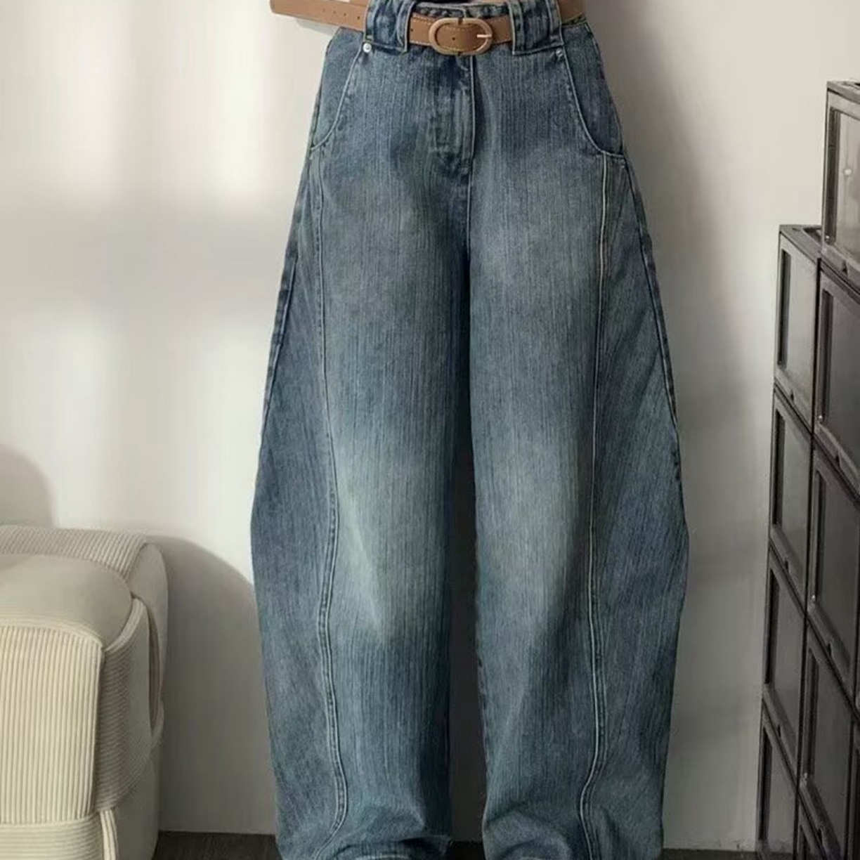 91家纺网 家纺一手货源 找家纺 （总）洛兰沙家居馆【只代发】【只代发】 2025只代发大码胖mm高腰宽松弯刀牛仔裤女春夏新款美式蓝色阔腿镰刀裤子批发31