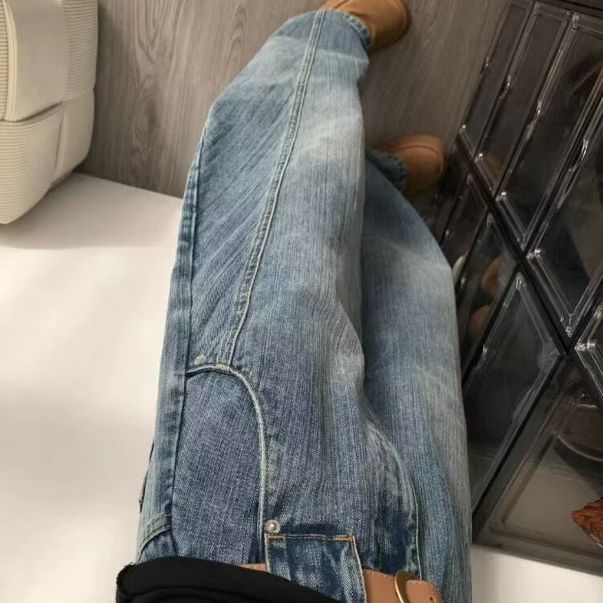 91家纺网 家纺一手货源 找家纺 （总）洛兰沙家居馆【只代发】【只代发】 2025只代发大码胖mm高腰宽松弯刀牛仔裤女春夏新款美式蓝色阔腿镰刀裤子批发31