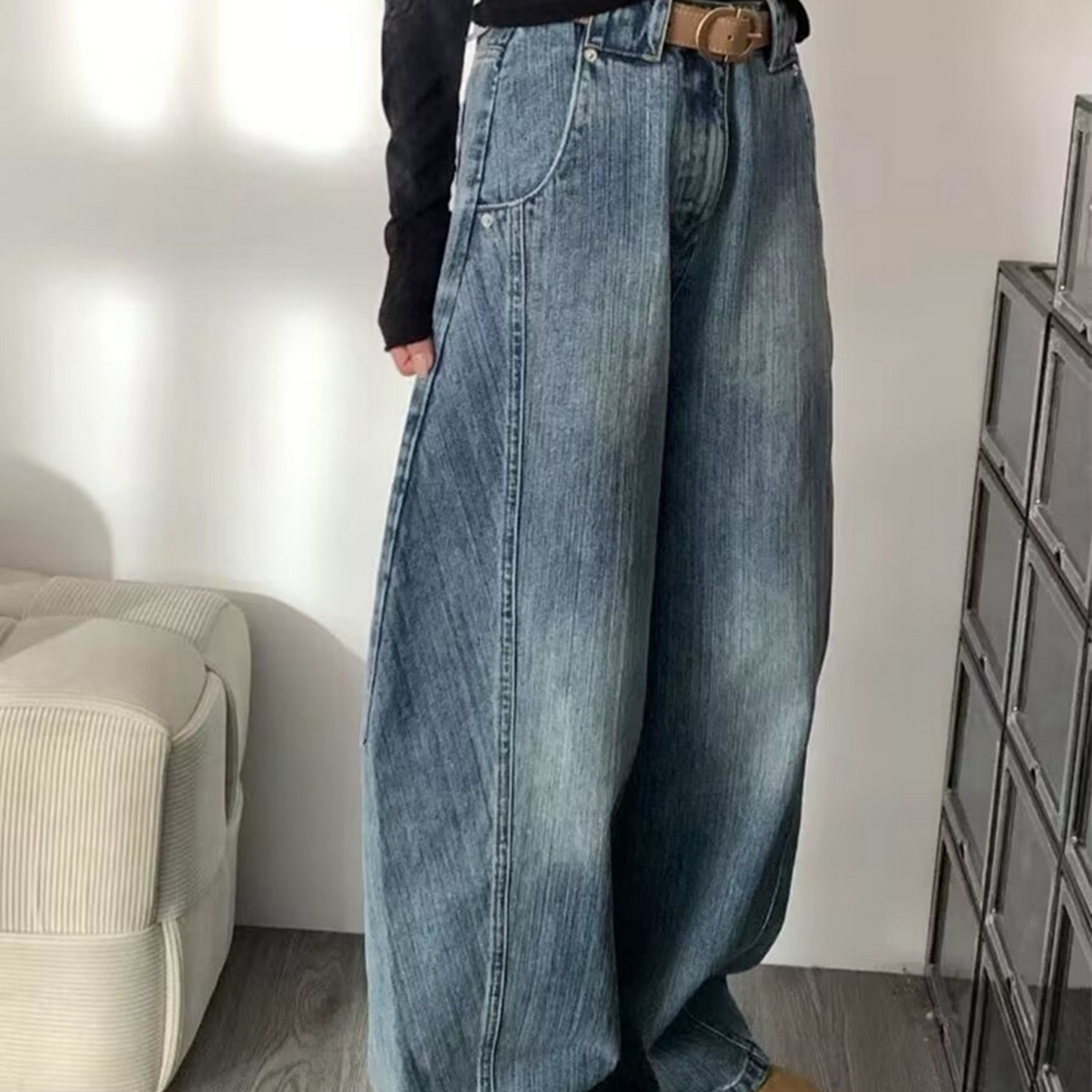 91家纺网 家纺一手货源 找家纺 （总）洛兰沙家居馆【只代发】【只代发】 2025只代发大码胖mm高腰宽松弯刀牛仔裤女春夏新款美式蓝色阔腿镰刀裤子批发31