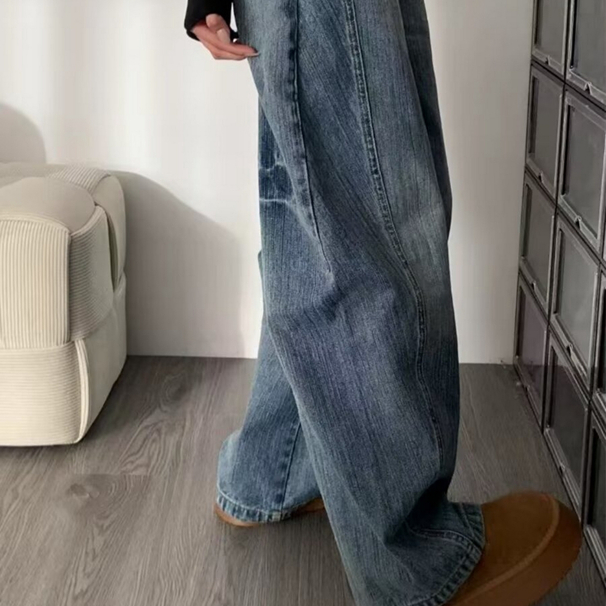 91家纺网 家纺一手货源 找家纺 （总）洛兰沙家居馆【只代发】【只代发】 2025只代发大码胖mm高腰宽松弯刀牛仔裤女春夏新款美式蓝色阔腿镰刀裤子批发31