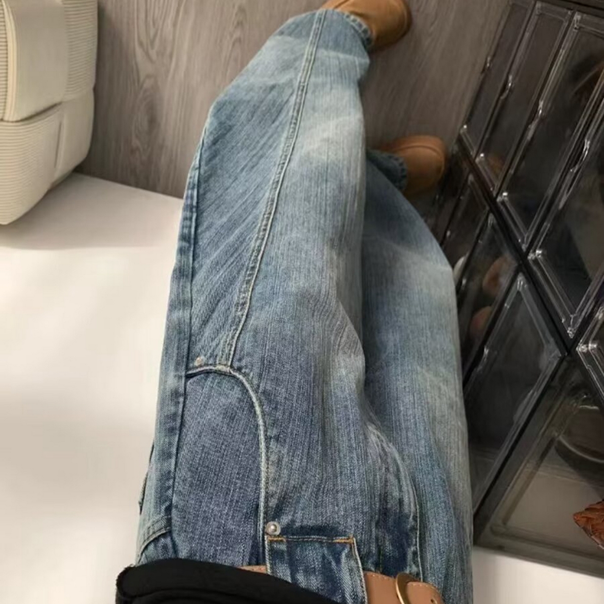 91家纺网 家纺一手货源 找家纺 （总）洛兰沙家居馆【只代发】【只代发】 2025只代发大码胖mm高腰宽松弯刀牛仔裤女春夏新款美式蓝色阔腿镰刀裤子批发31