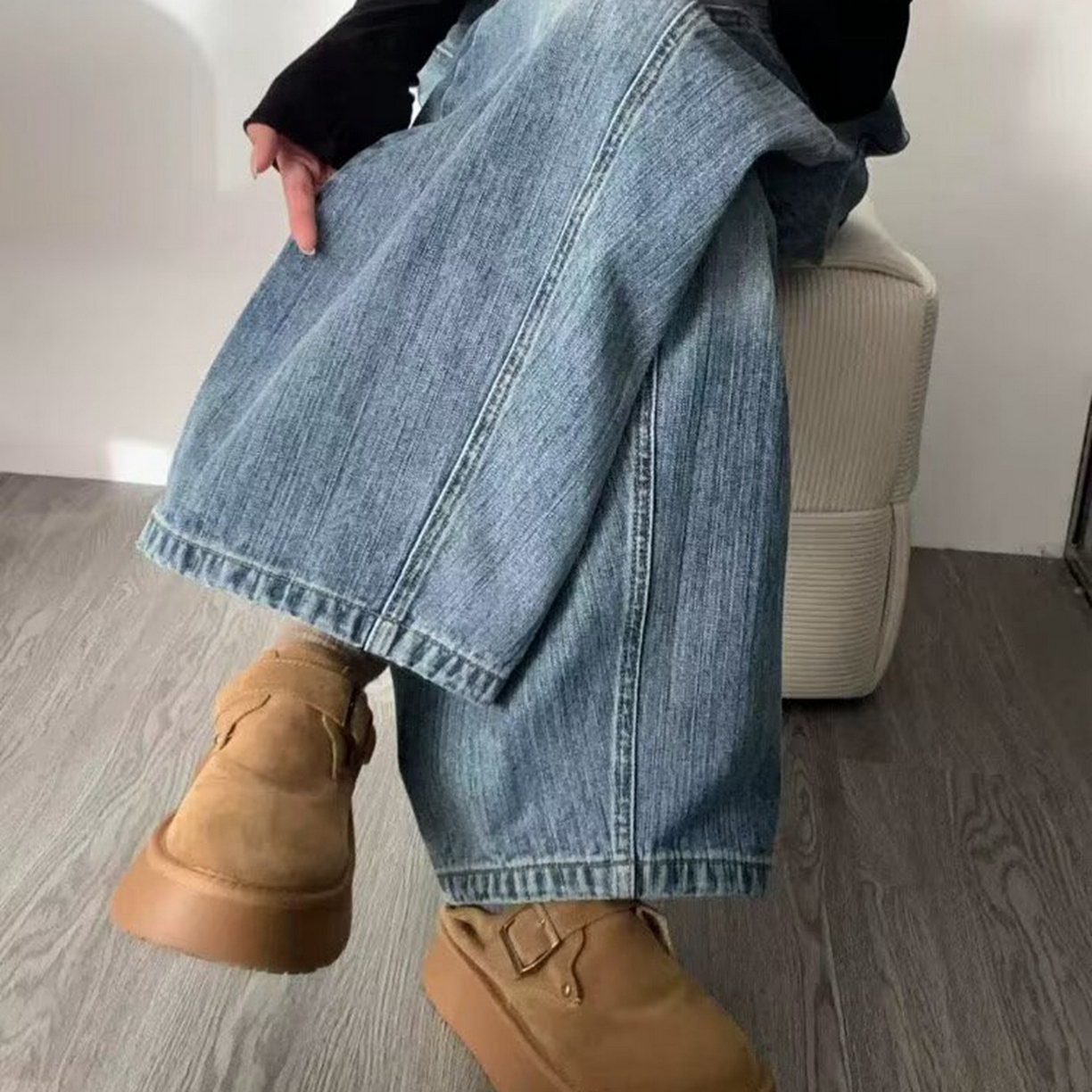 91家纺网 家纺一手货源 找家纺 （总）洛兰沙家居馆【只代发】【只代发】 2025只代发大码胖mm高腰宽松弯刀牛仔裤女春夏新款美式蓝色阔腿镰刀裤子批发31