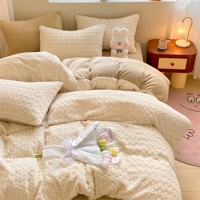 91家纺网 家纺一手货源 找家纺 名兮家居 2025冬季新款加厚仿兔绒单被套 玫瑰-白