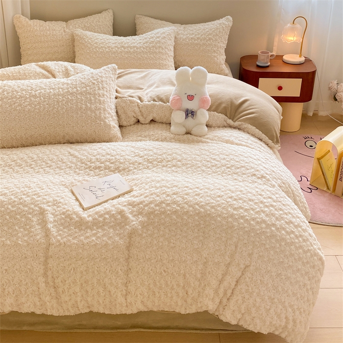 91家纺网 家纺一手货源 找家纺 名兮家居 2025冬季新款加厚仿兔绒单被套 玫瑰-白