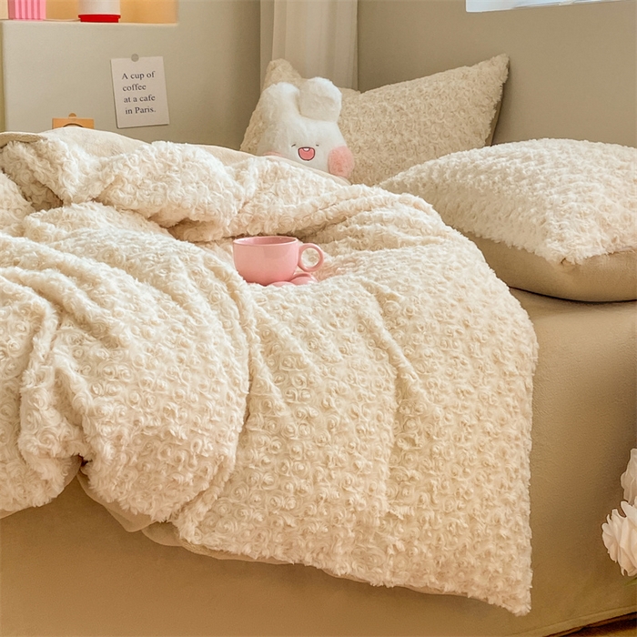 91家纺网 家纺一手货源 找家纺 名兮家居 2025冬季新款加厚仿兔绒单被套 玫瑰-白