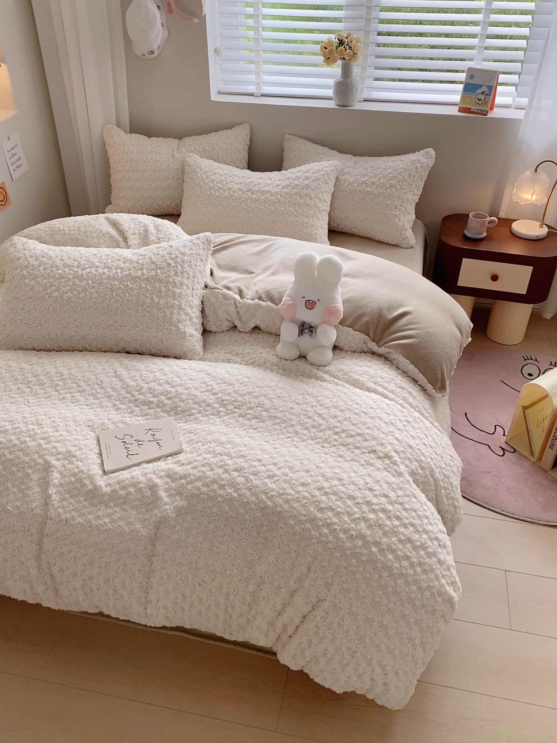 91家纺网 家纺一手货源 找家纺 名兮家居 2025冬季新款加厚仿兔绒单被套 玫瑰-白