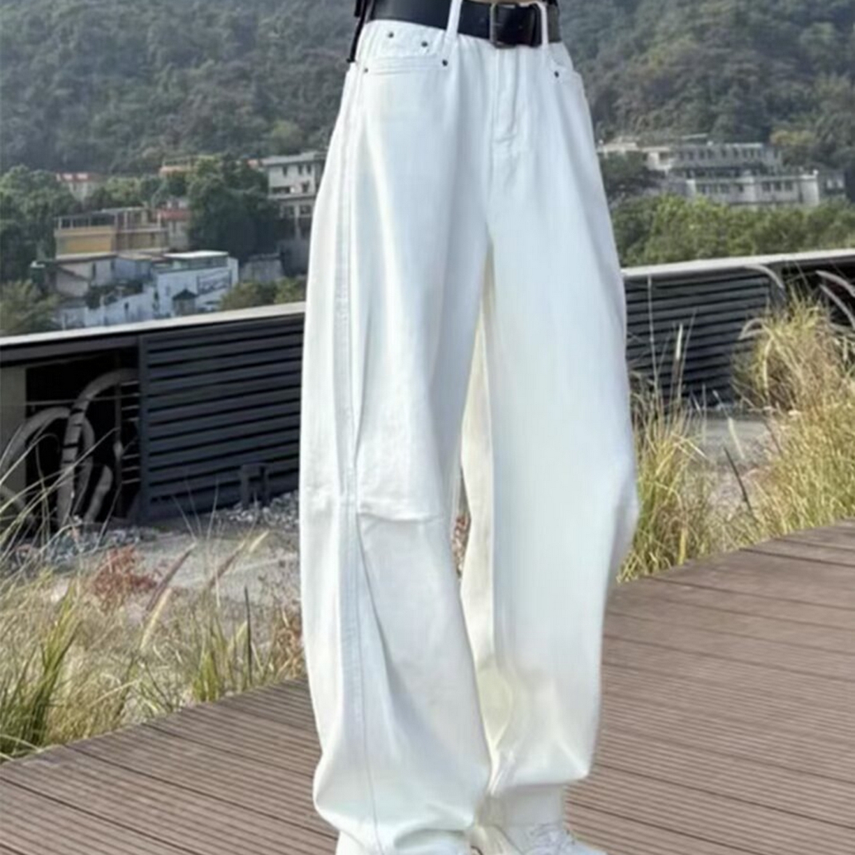 洛兰沙家居馆【只代发】【只代发】 2025只代发白色镰刀牛仔裤女春季新款大码胖mm休闲阔腿裤宽松显瘦香蕉裤批发30 白色