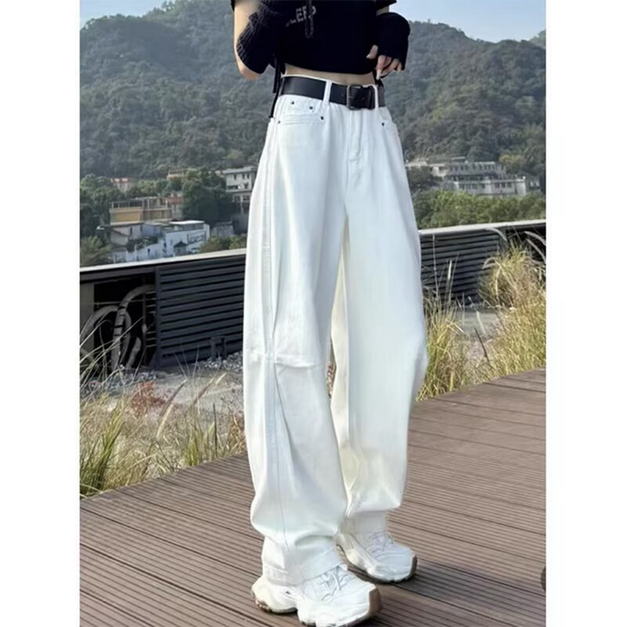 91家纺网 家纺一手货源 找家纺 洛兰沙家居馆【只代发】【只代发】 2025只代发白色镰刀牛仔裤女春季新款大码胖mm休闲阔腿裤宽松显瘦香蕉裤批发30 白色