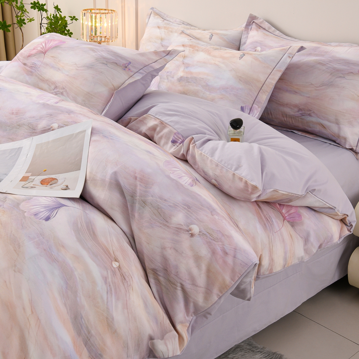 91家纺网 家纺一手货源 找家纺 润淳家居 2025新款全棉生态磨毛数码印花四件套 霁雪 紫