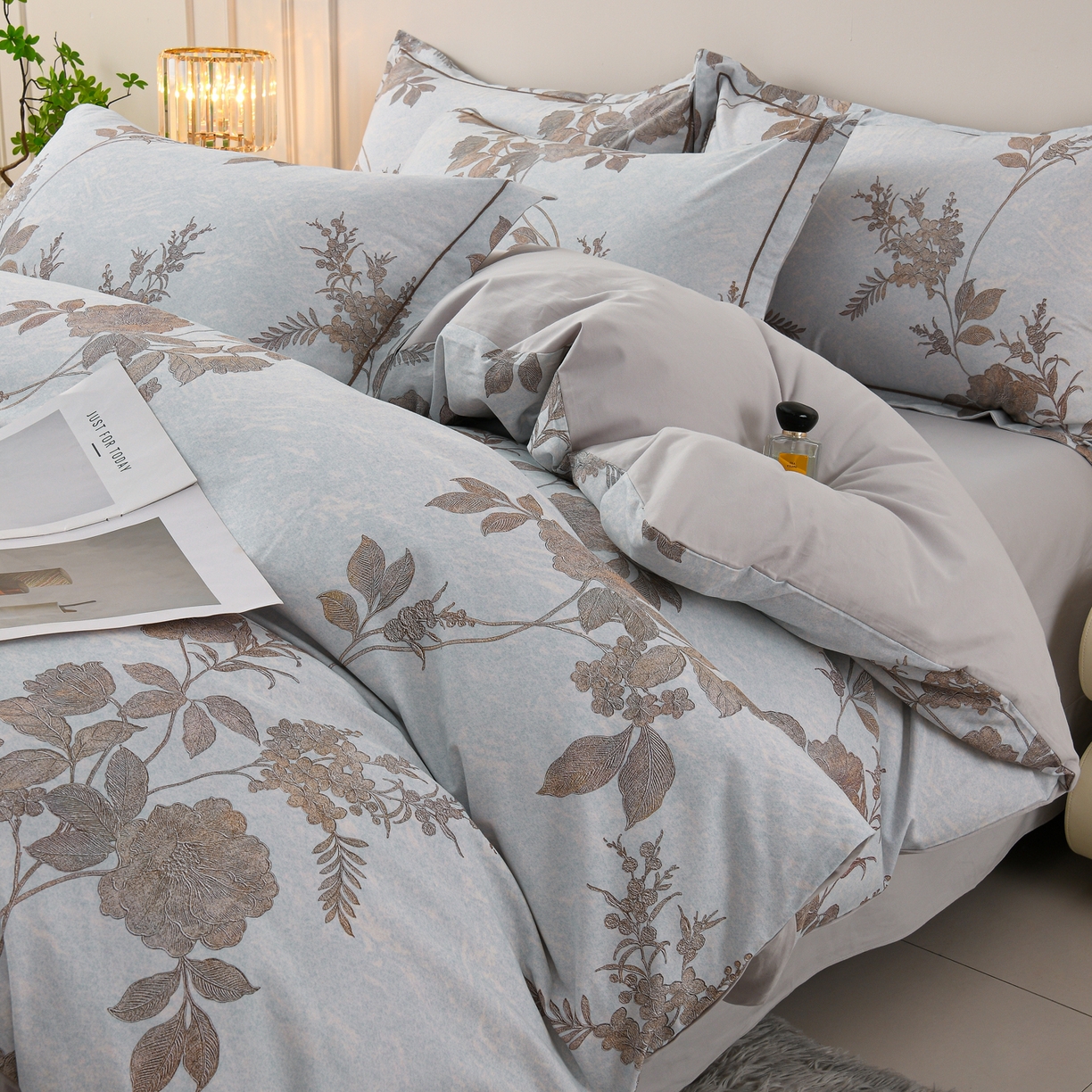 91家纺网 家纺一手货源 找家纺 润淳家居 2025新款全棉生态磨毛数码印花四件套 茉婉 灰绿