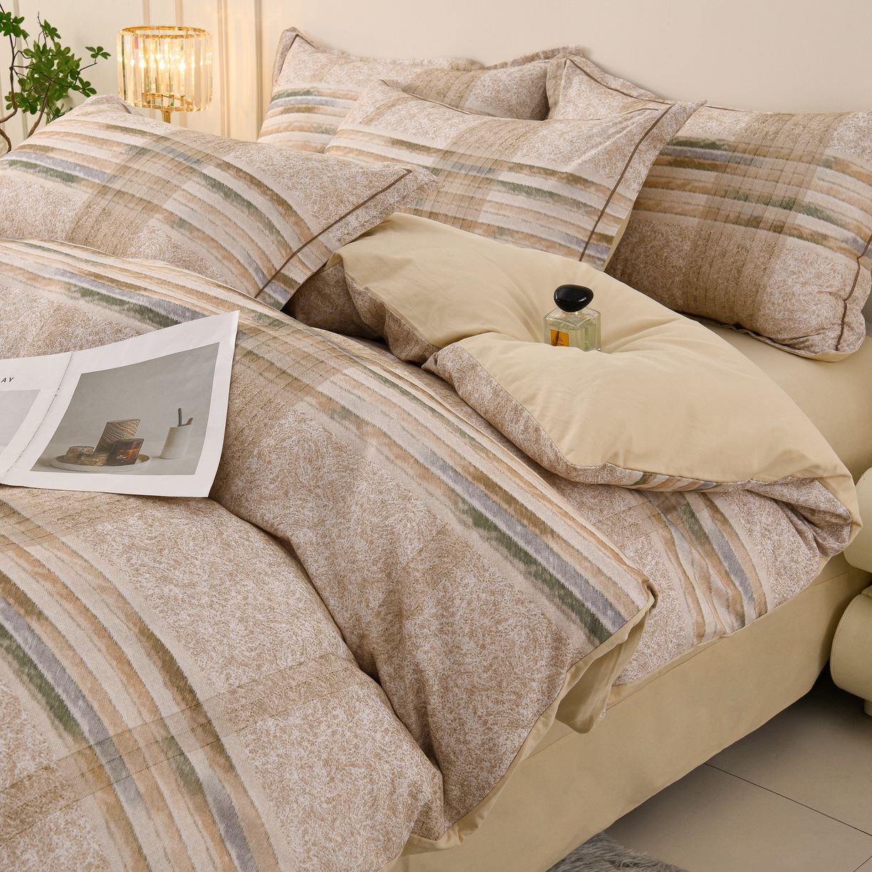 91家纺网 家纺一手货源 找家纺 润淳家居 2025新款全棉生态磨毛数码印花四件套 韵律 驼