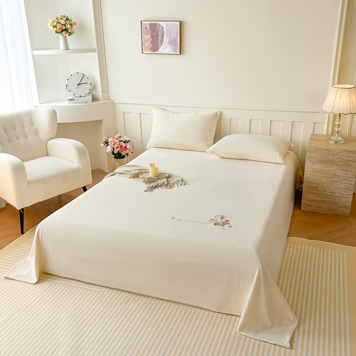 91家纺网 家纺一手货源 找家纺 芙绣家纺 2025新款牛奶绒刺绣床单 奶白