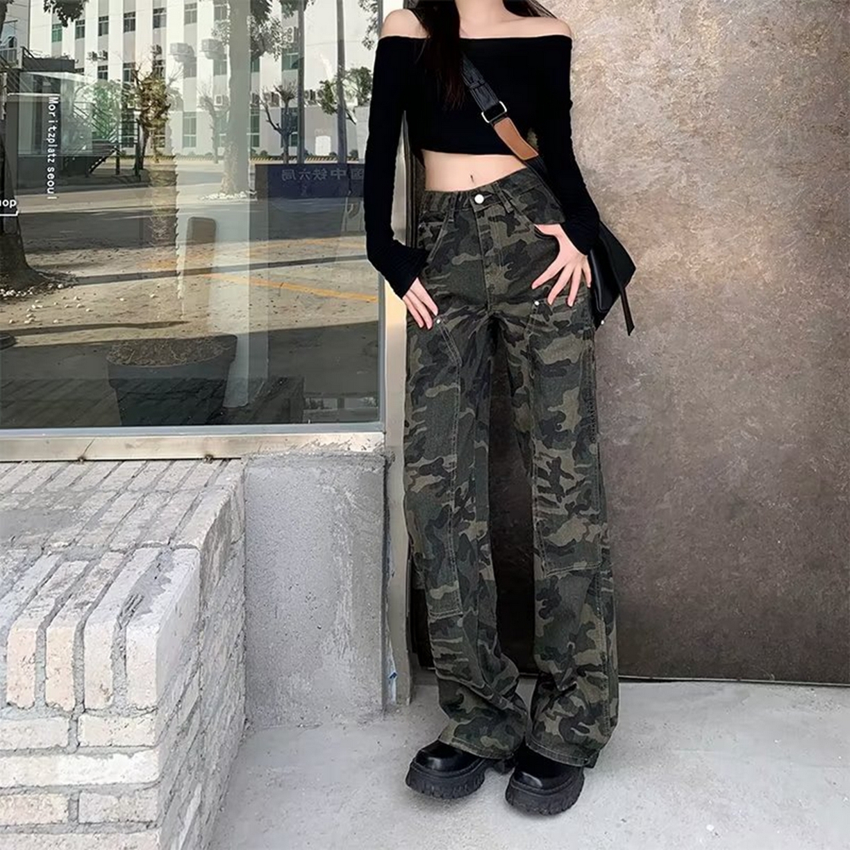 （总）洛兰沙家居馆【只代发】【只代发】 2025新款只代发美式迷彩牛仔裤女春秋新款百搭复古高腰显瘦宽松直筒长裤潮批发29