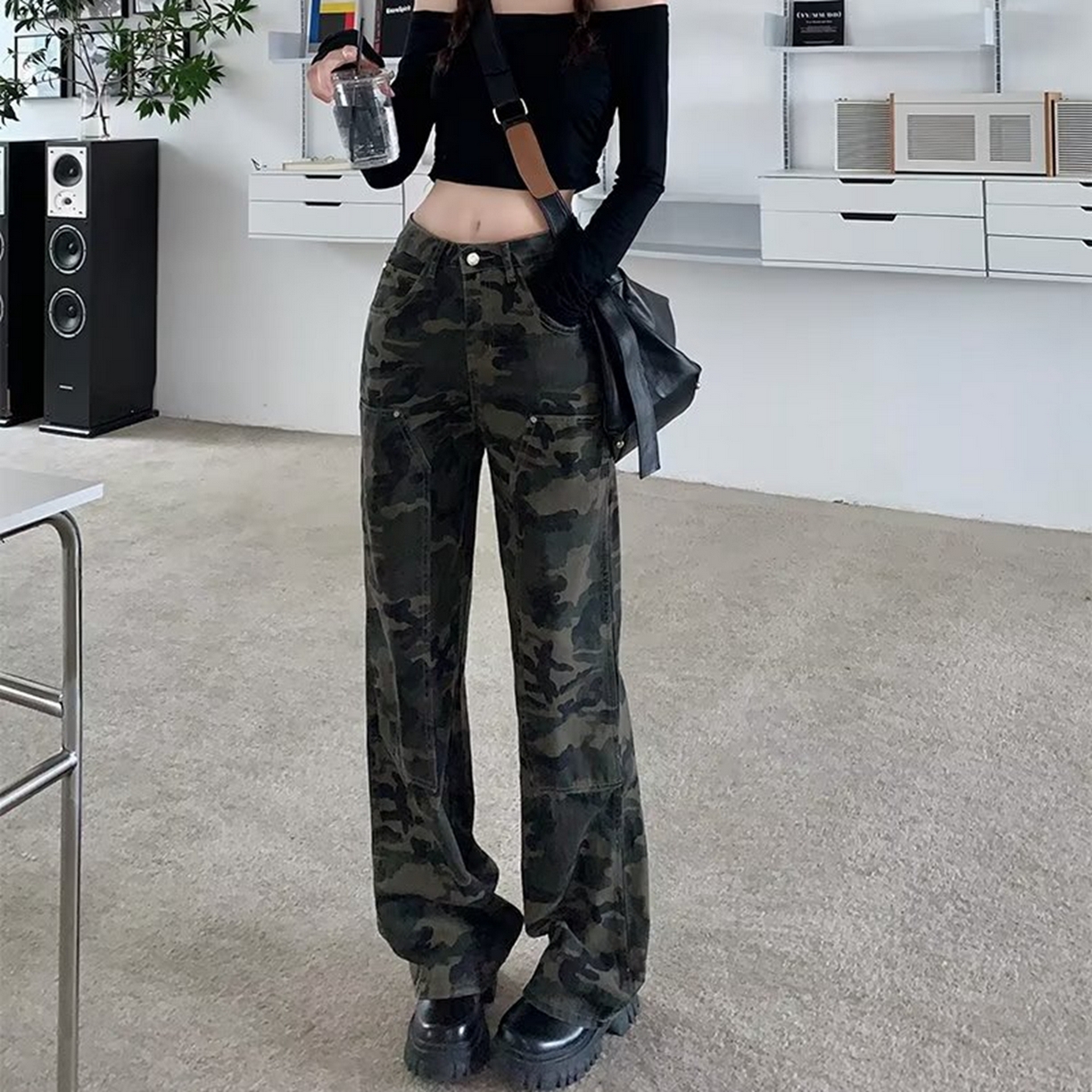 91家纺网 家纺一手货源 找家纺 （总）洛兰沙家居馆【只代发】【只代发】 2025新款只代发美式迷彩牛仔裤女春秋新款百搭复古高腰显瘦宽松直筒长裤潮批发29