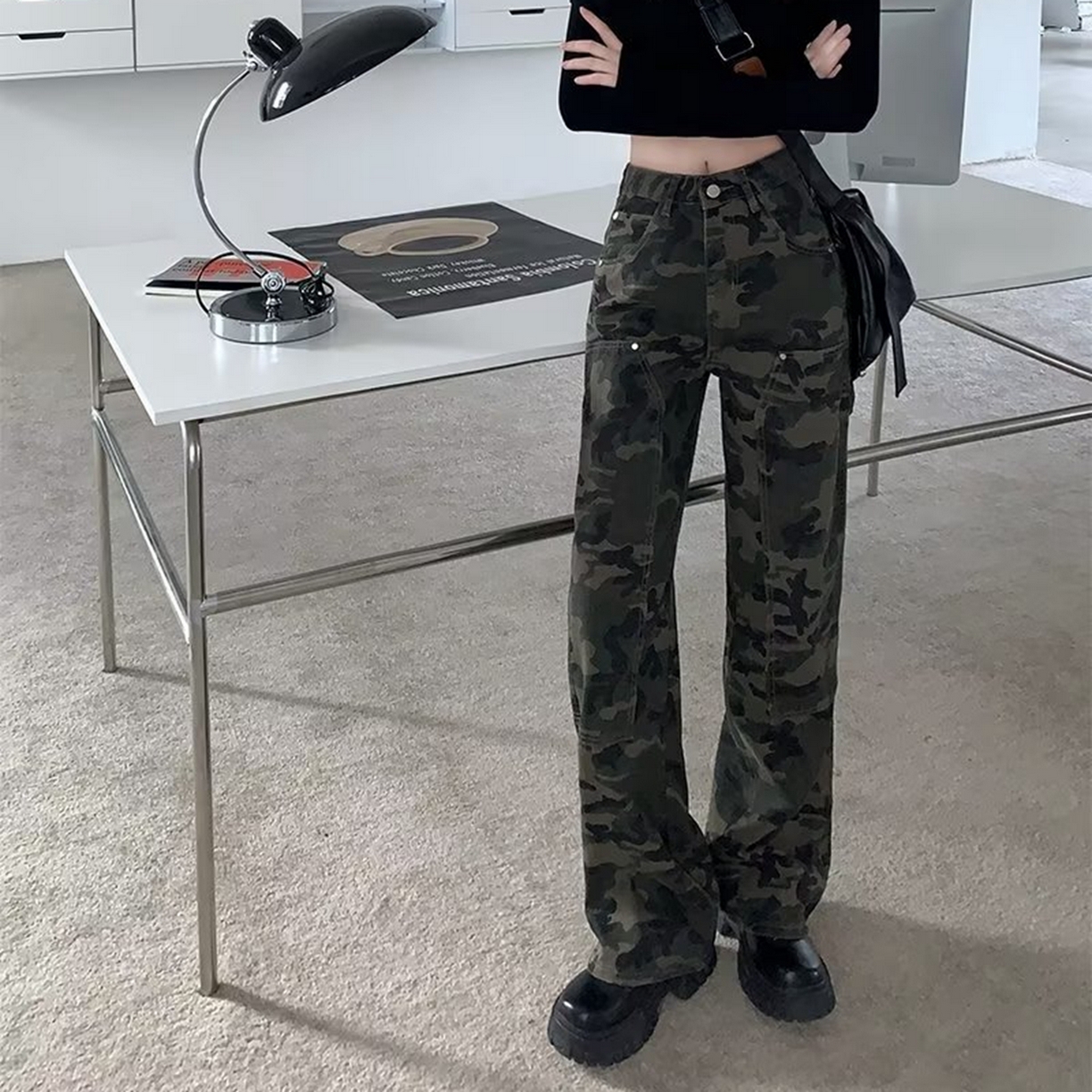 91家纺网 家纺一手货源 找家纺 （总）洛兰沙家居馆【只代发】【只代发】 2025新款只代发美式迷彩牛仔裤女春秋新款百搭复古高腰显瘦宽松直筒长裤潮批发29