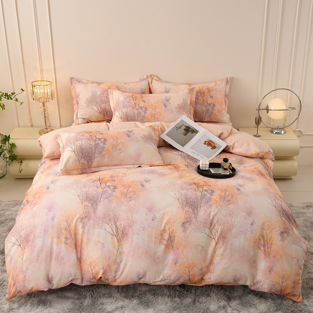 91家纺网 家纺一手货源 找家纺 润淳家居 2025新款全棉生态磨毛数码印花四件套 柏露 桔