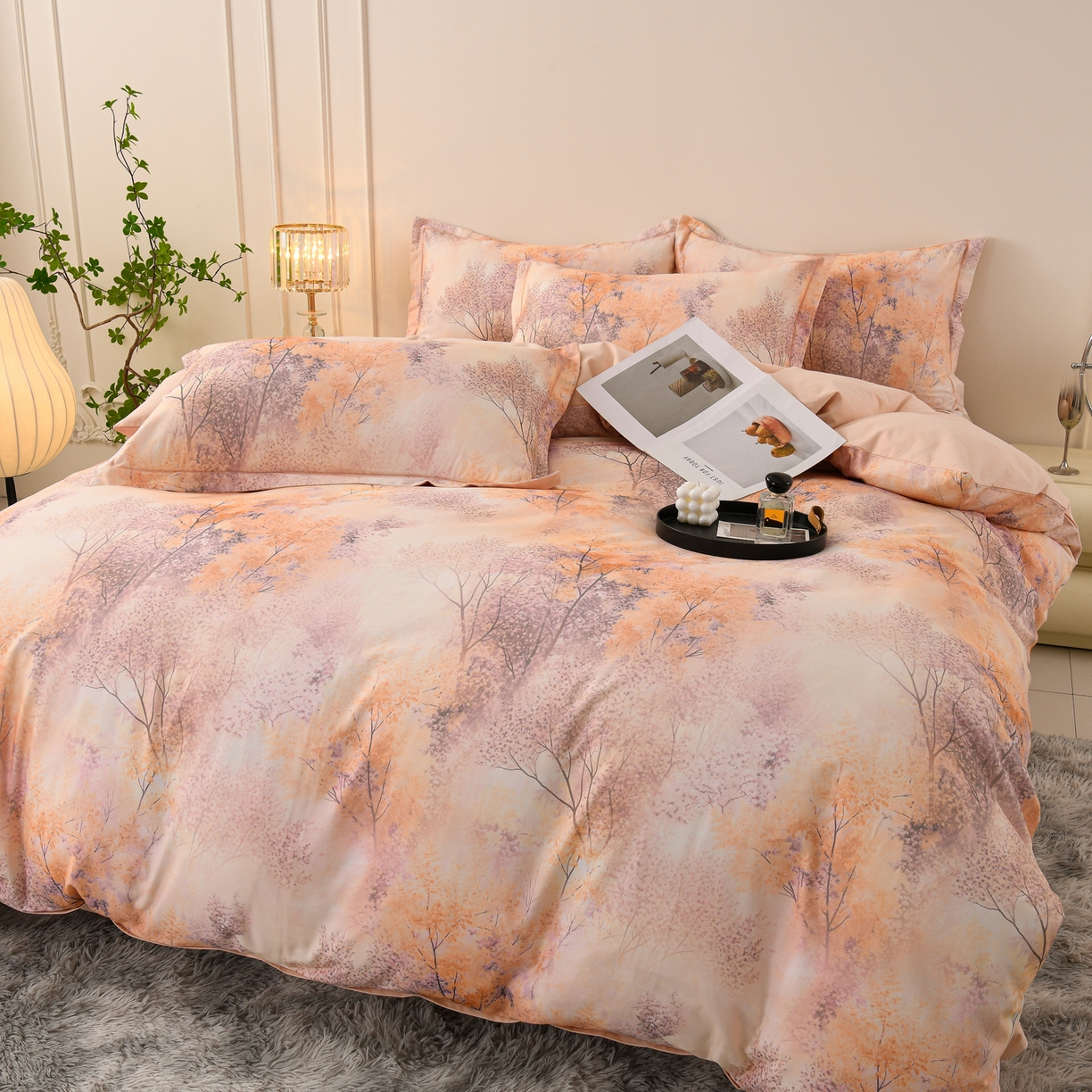 91家纺网 家纺一手货源 找家纺 润淳家居 2025新款全棉生态磨毛数码印花四件套 柏露 桔