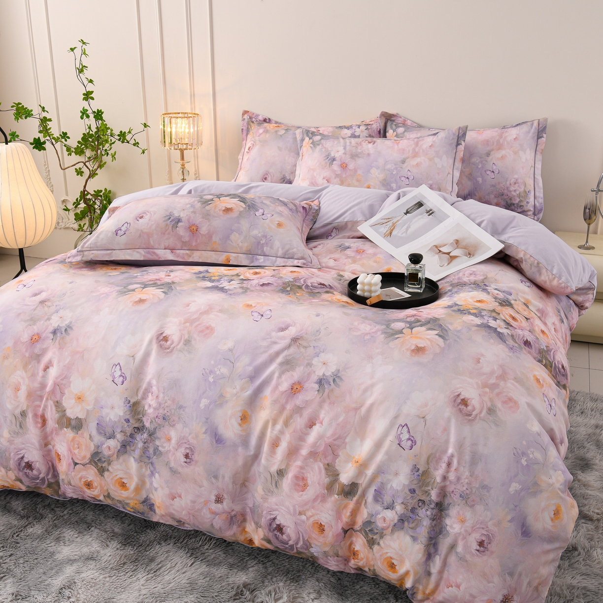 91家纺网 家纺一手货源 找家纺 润淳家居 2025新款全棉生态磨毛数码印花四件套 花暖香风 紫