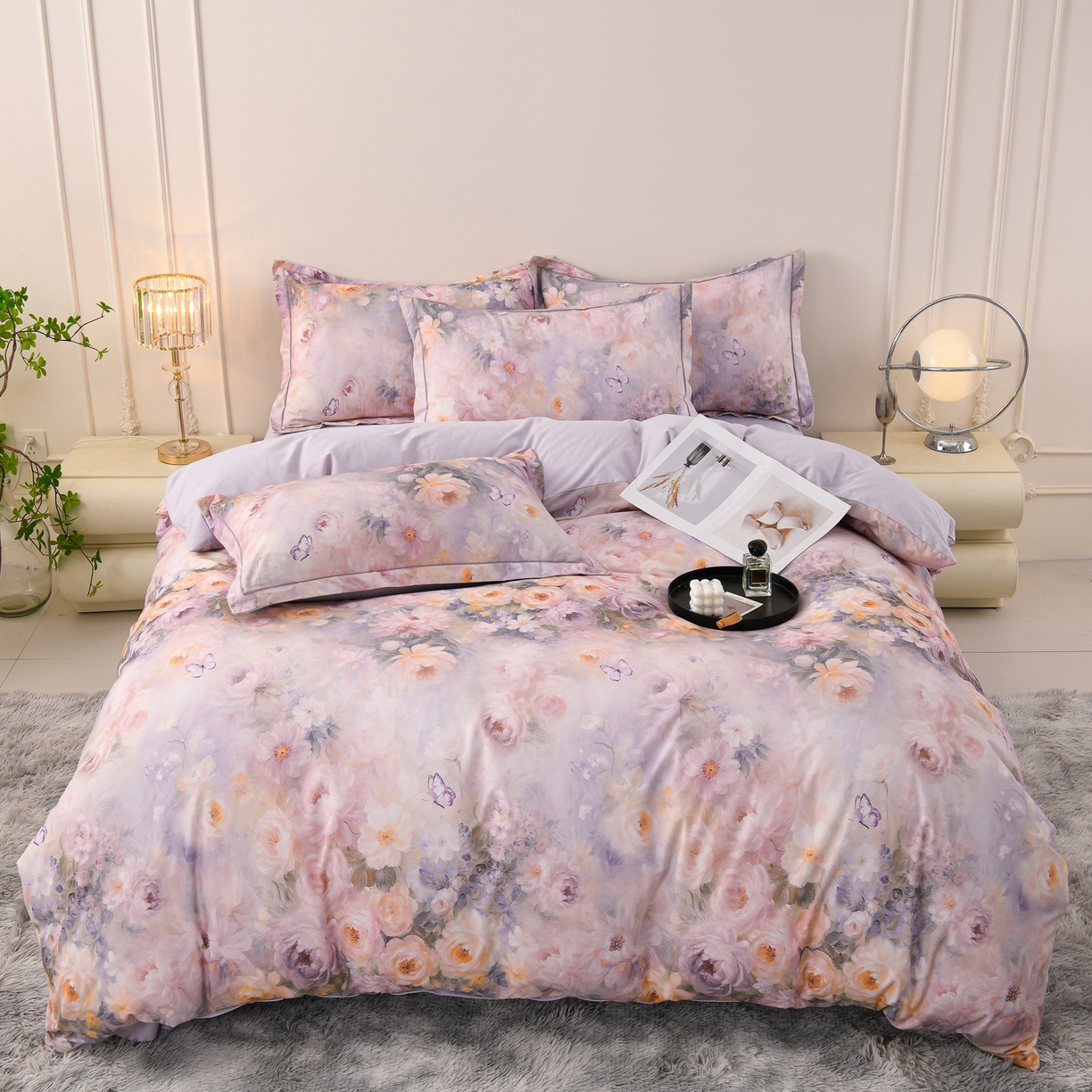 91家纺网 家纺一手货源 找家纺 润淳家居 2025新款全棉生态磨毛数码印花四件套 花暖香风 紫