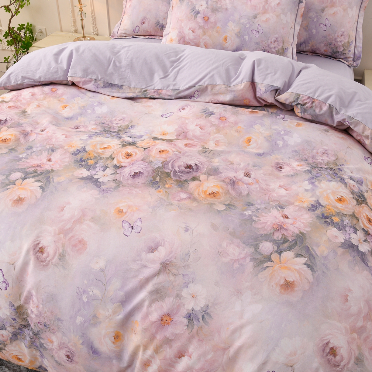 91家纺网 家纺一手货源 找家纺 润淳家居 2025新款全棉生态磨毛数码印花四件套 花暖香风 紫