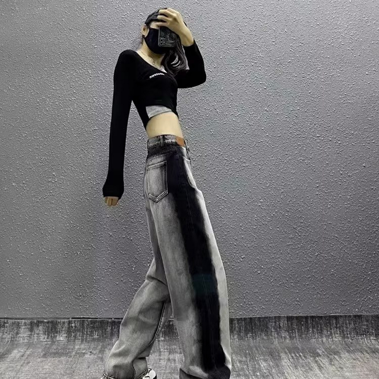 91家纺网 家纺一手货源 找家纺 （总）洛兰沙家居馆【只代发】【只代发】 2025只代发美式复古灰黑色阔腿牛仔裤女大码胖mm设计感个性拼色高腰直筒长裤28