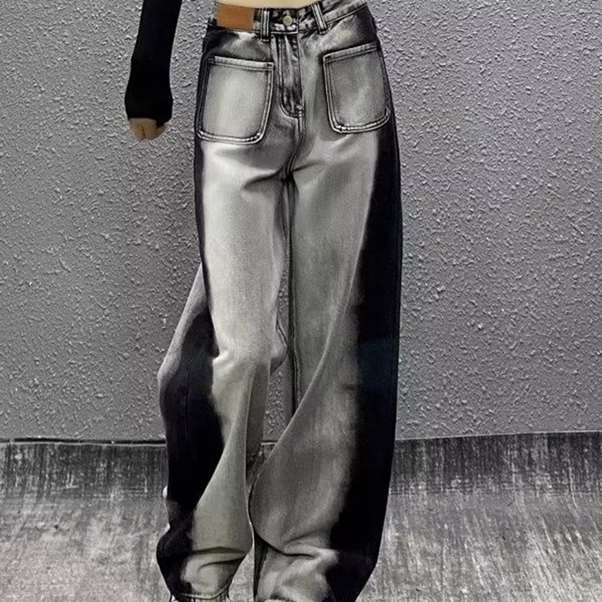 91家纺网 家纺一手货源 找家纺 （总）洛兰沙家居馆【只代发】【只代发】 2025只代发美式复古灰黑色阔腿牛仔裤女大码胖mm设计感个性拼色高腰直筒长裤28