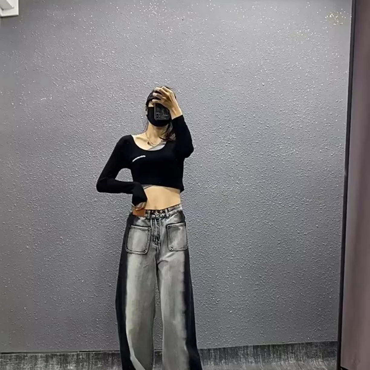 91家纺网 家纺一手货源 找家纺 （总）洛兰沙家居馆【只代发】【只代发】 2025只代发美式复古灰黑色阔腿牛仔裤女大码胖mm设计感个性拼色高腰直筒长裤28