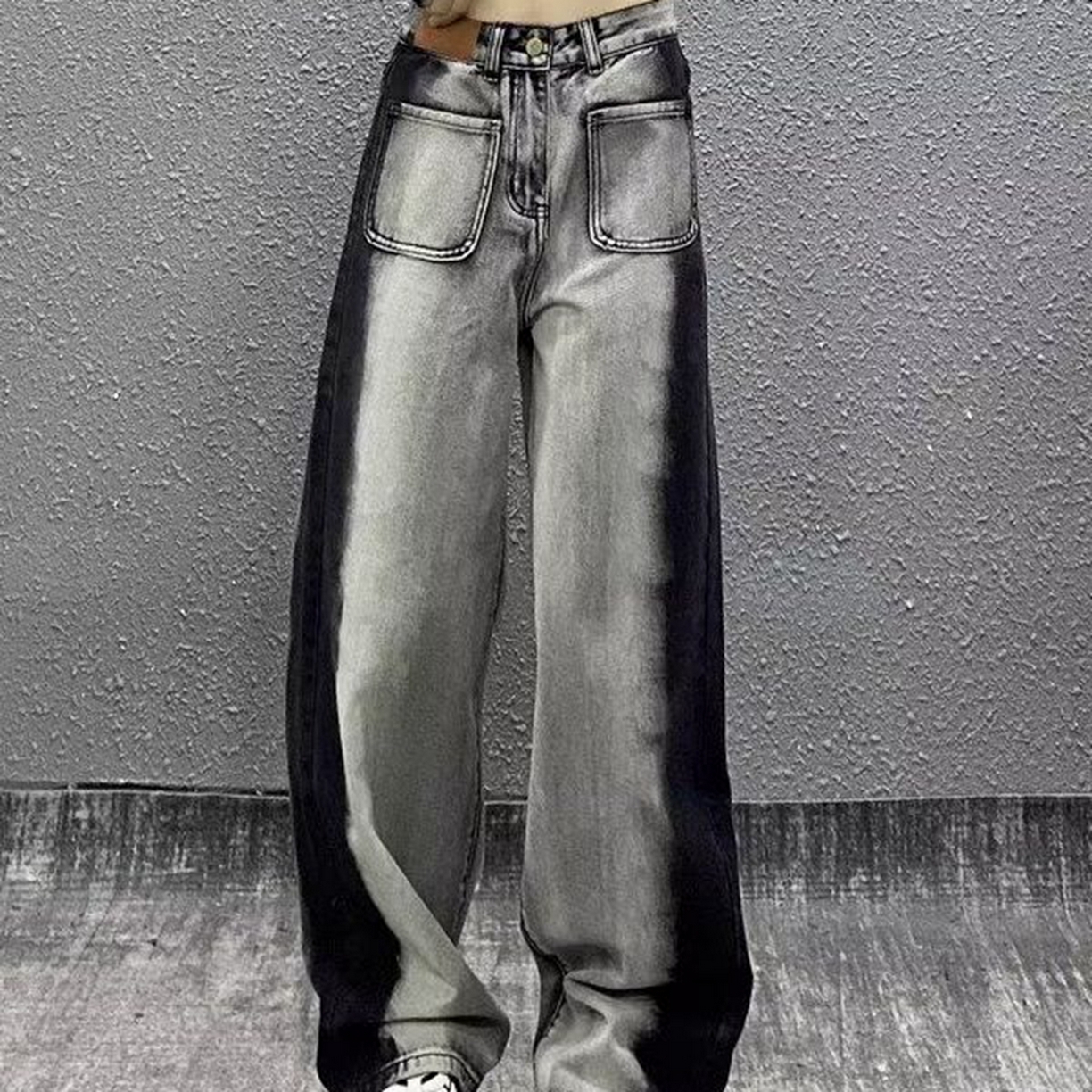 91家纺网 家纺一手货源 找家纺 （总）洛兰沙家居馆【只代发】【只代发】 2025只代发美式复古灰黑色阔腿牛仔裤女大码胖mm设计感个性拼色高腰直筒长裤28