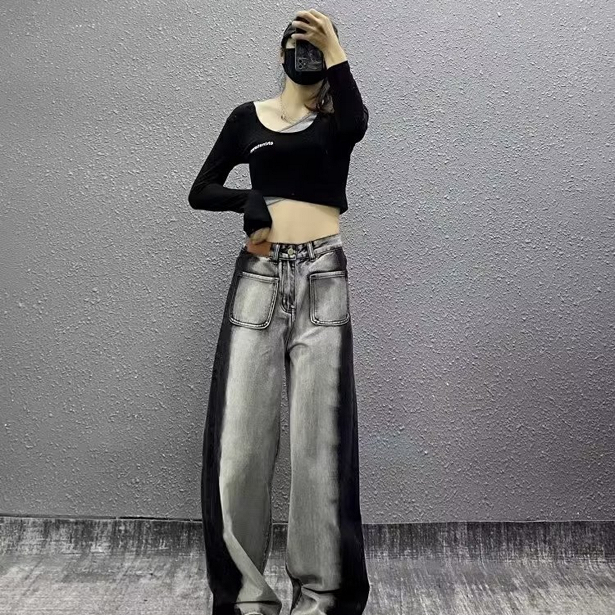 91家纺网 家纺一手货源 找家纺 （总）洛兰沙家居馆【只代发】【只代发】 2025只代发美式复古灰黑色阔腿牛仔裤女大码胖mm设计感个性拼色高腰直筒长裤28