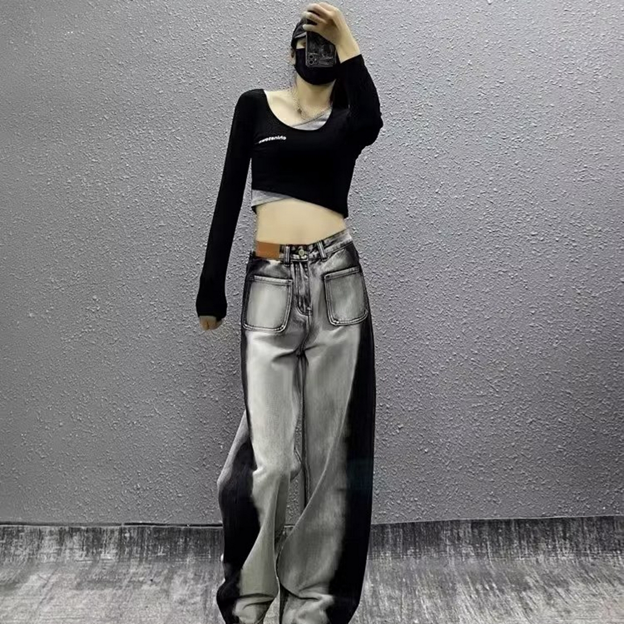 91家纺网 家纺一手货源 找家纺 （总）洛兰沙家居馆【只代发】【只代发】 2025只代发美式复古灰黑色阔腿牛仔裤女大码胖mm设计感个性拼色高腰直筒长裤28